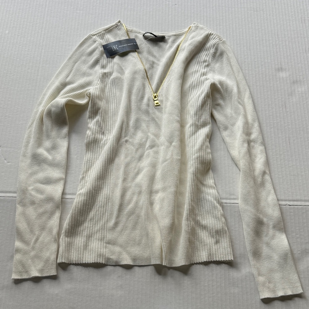 INC International Concepts Cream Ribbed V-Neck Zip Sweater
